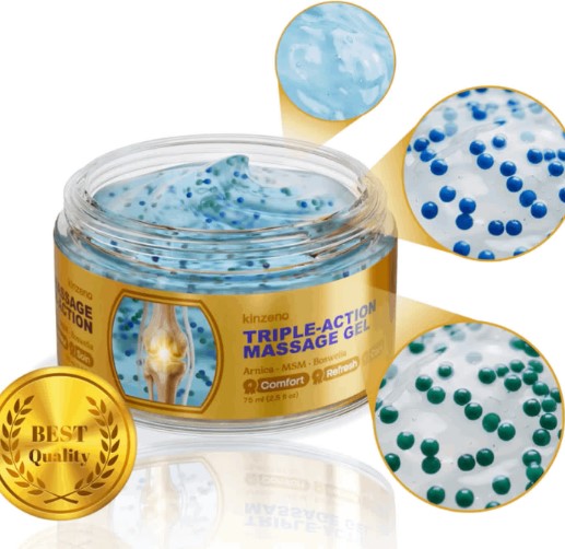 Close-up of Kinzeno blue gel with enlarged blue and green particles and gold packaging