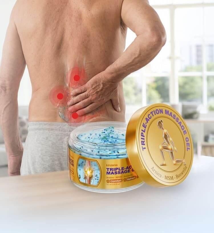Kinzeno gel and its gold lid shown in a back-massage lifestyle setting