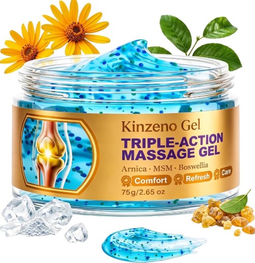 Open Kinzeno jar with bright blue gel, gold label, arnica flowers and botanical details